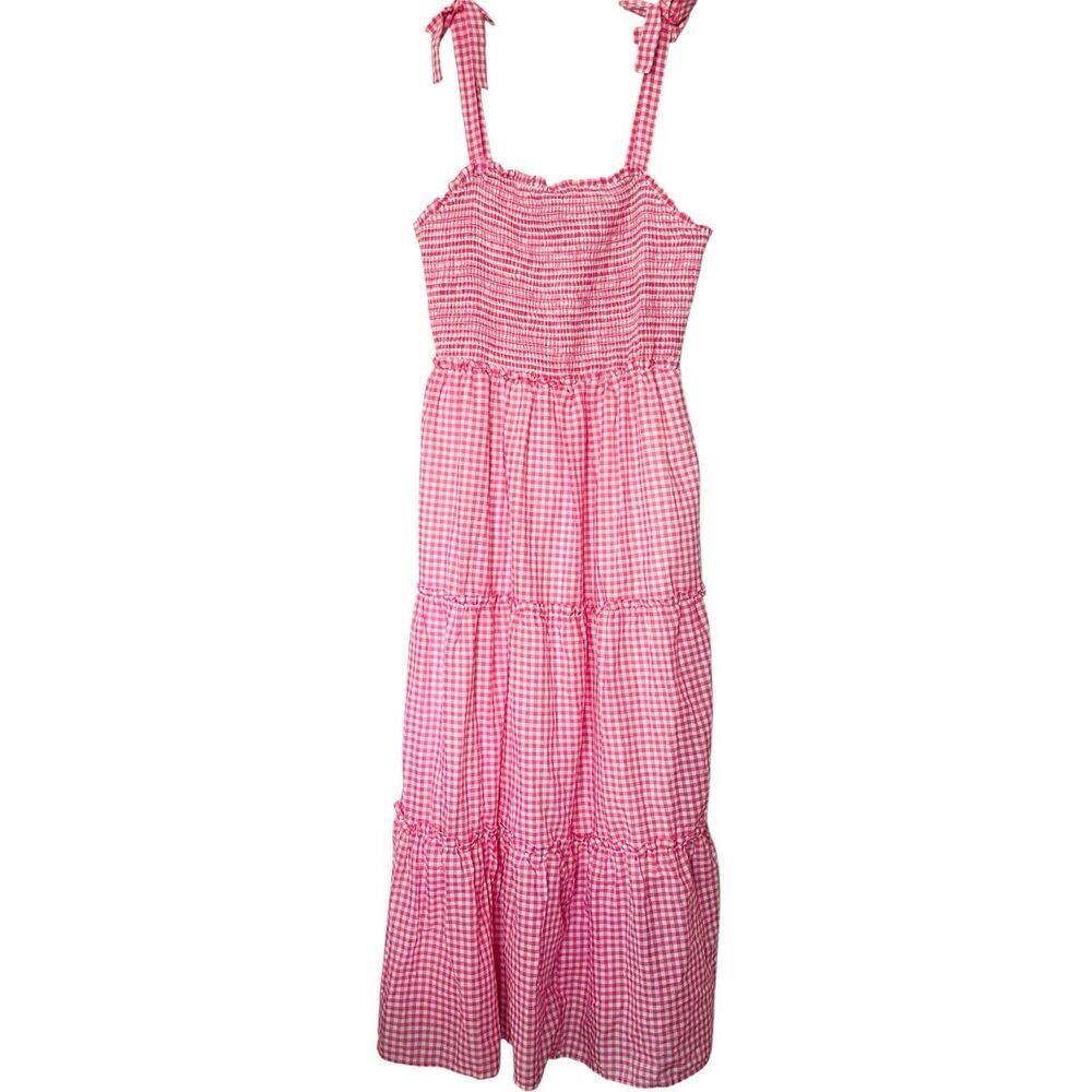 Draper James RSVP Gingham Tiered Maxi Dress Womens 1X Pink Bows Sundress Tank